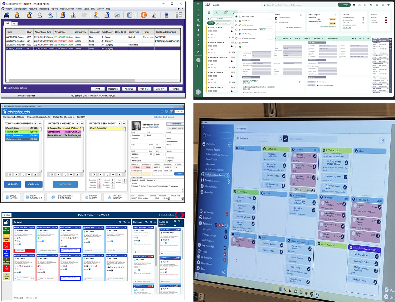 Screenshots of competing waiting room features across Medatixx, Tomedo, and other EHR providers