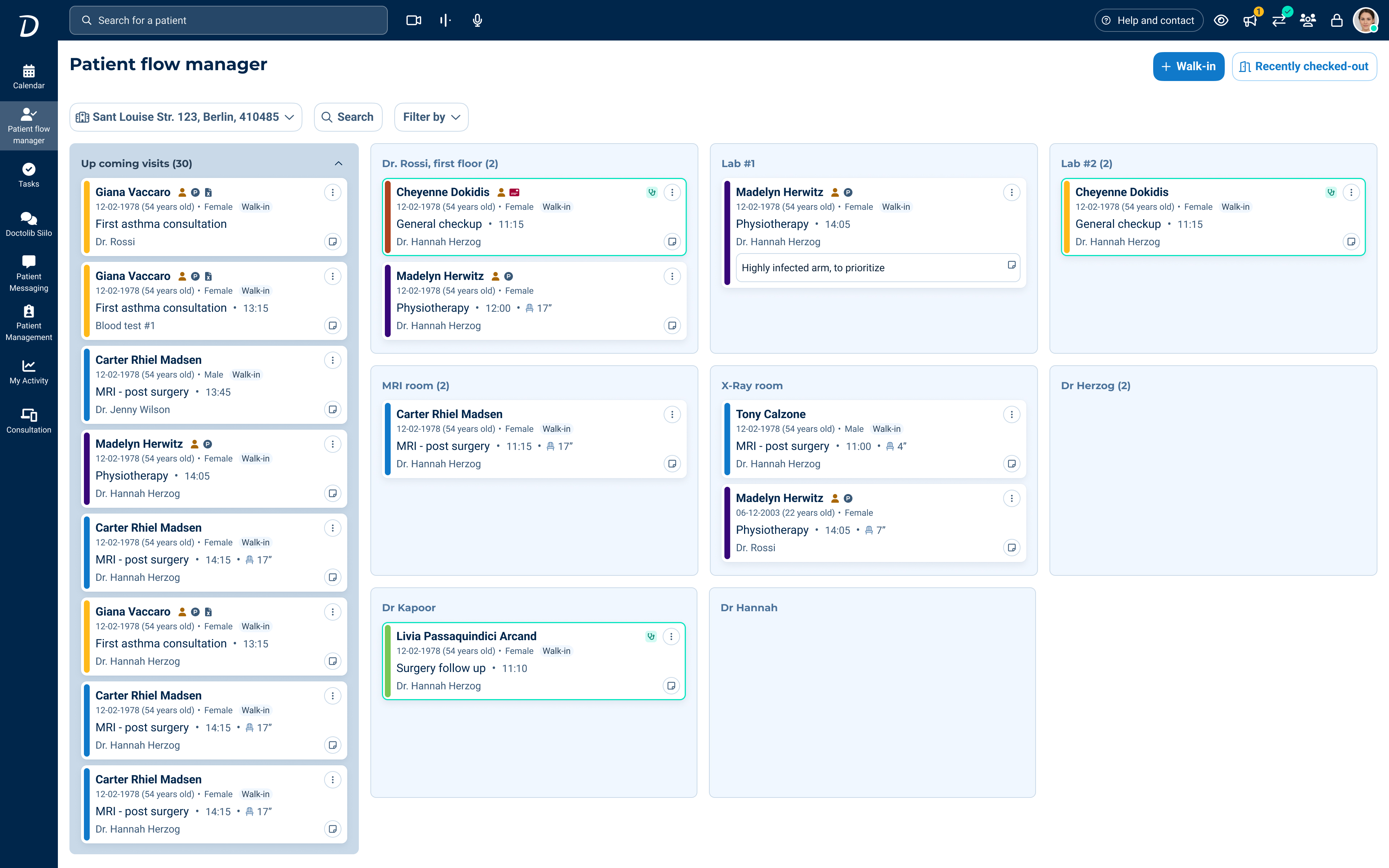 The Patient Flow Manager interface showing patient cards across care step columns with task management integrated